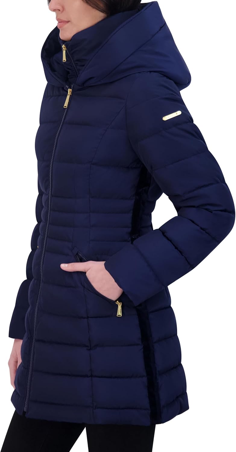 Laundry by Shelli Segal Women's Windbreaker Puffer Coat– Mid-Length Fit & Flare Jacket, Side Velvet Tape, Azure, Large - Image 3