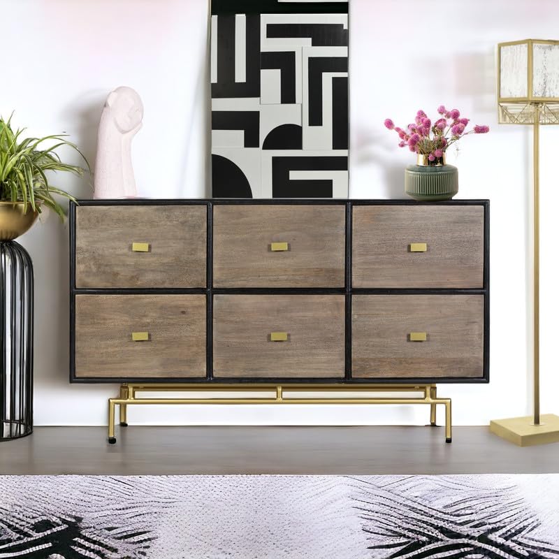 Image of Solid Wood Cohen Chest of Drawer | Dresser with 6 Drawers | Wooden Chest of Darwers | Chest of Drawers with Storage | Finish- Black and Premium Tobbacco Brown