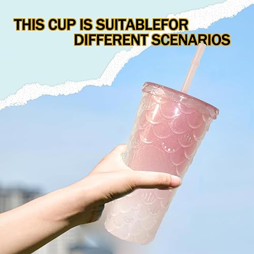 Miniatura 10 de Vaso con popote con tapas y pajitas, vaso rosa con popote texturizado, vaso de plástico de doble pared sin BPA para café helado, bebidas frías o