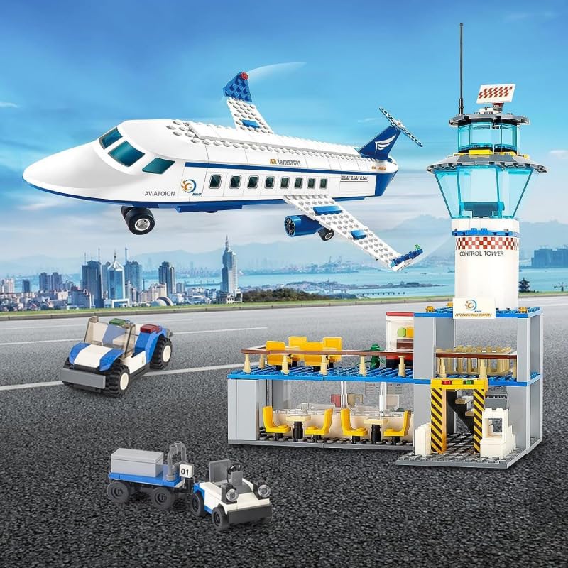 Image of SKY LINE OCEAN || City Airplane Building Kit || 518 +pcs || Airport Passenger Plane with|| led Lights in Radar Tower|| & Baggage Truck || (2 Year Structural Warranty)