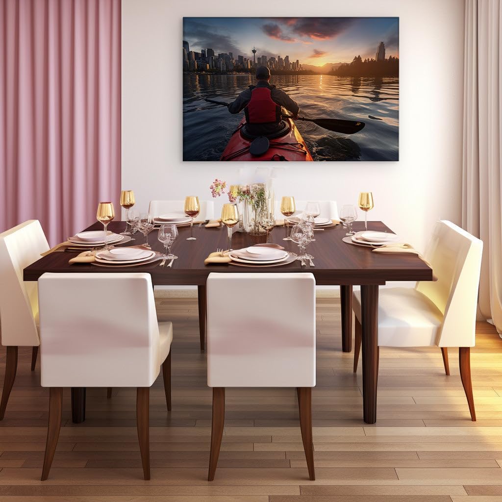 Canvas for Living room. Paddling into Serenity: A Kayaker�s Journey Towards the Towering City Skyline at Sunset, 27 x 18 inch Canvas Wall Art - Modern Home Decor