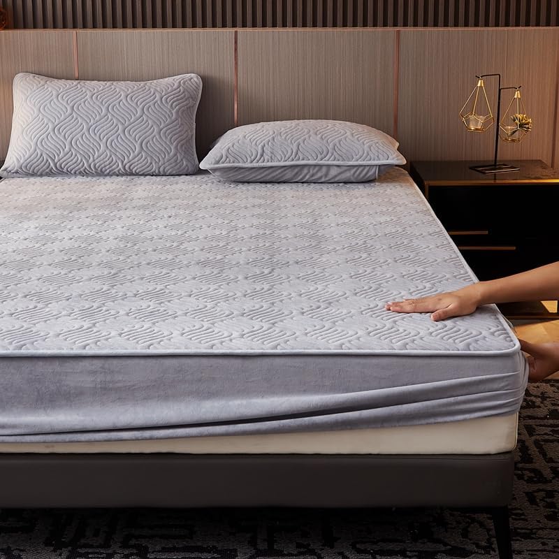 Velvet Fitted Sheet, Soft Flannel Fleece Mattress Top- Suitable for Fall and Winter, Fitted Deep Pocket Up to 11'' (Gray, Queen 60"x78")