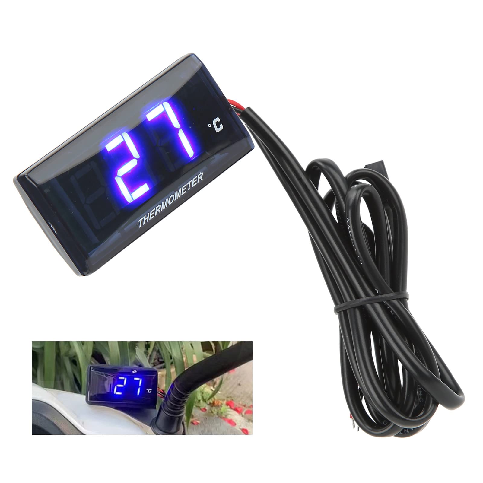 Termometro Digitale per Moto, DC12V Sensore Temperatura Sonda Metallica Misuratore Temperatura Acqua per Moto con Schermo LCD e Raccordo a T da 16 mm (Blu)