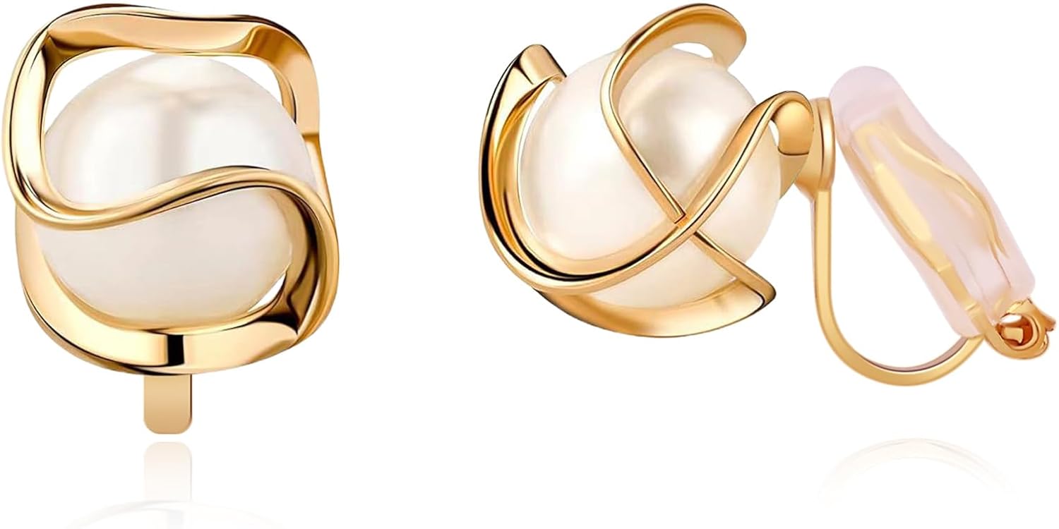 FAN&LOUIS Pearl Clip On Earrings,14K Gold Plated Pearl Stud Small Clip-On Earrings for Women Trendy Lightweight for Non-Pierced Ears Teen