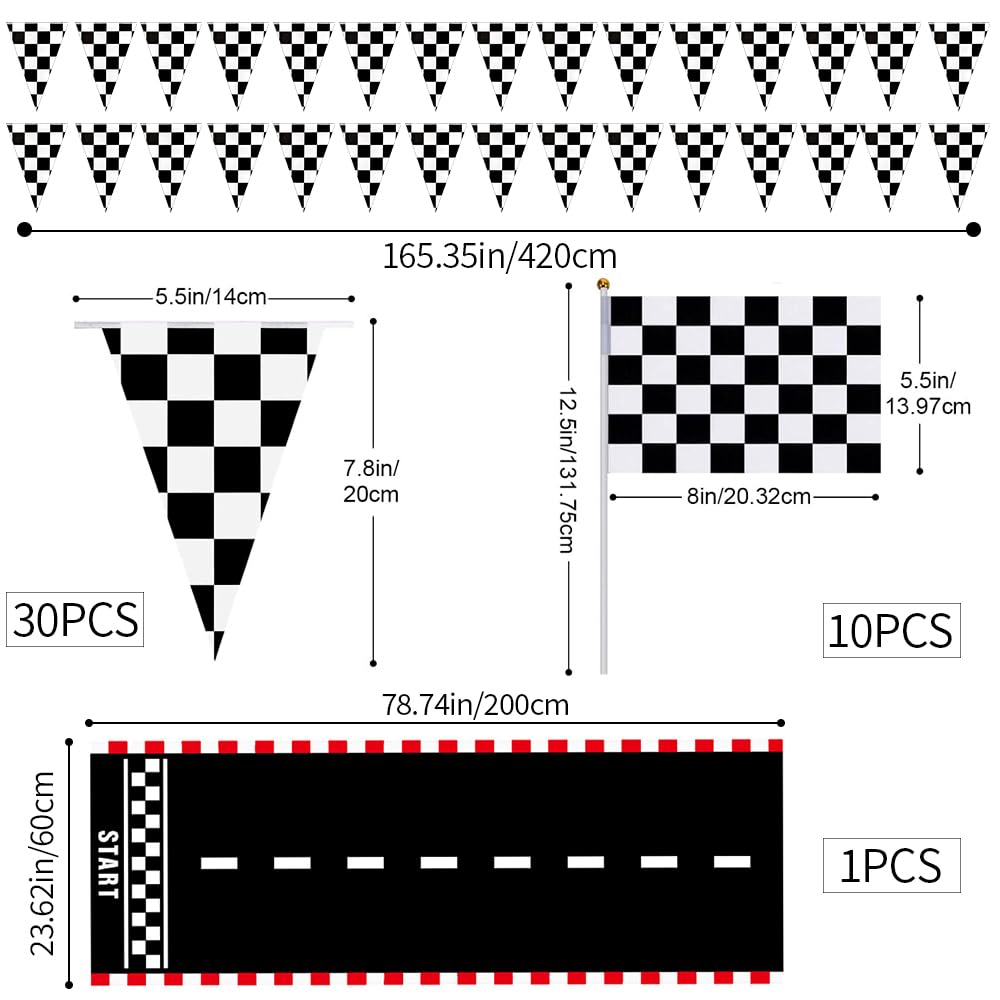 Racing Party Decoration Supplies Black and White Flags 32.8 Feet 10 Pcs Checkered Racing Small Flags on Stick 6.6 x 1.96ft Long Racetrack Floor Running Mat Checkered Bunting Party Decoration - Image 2