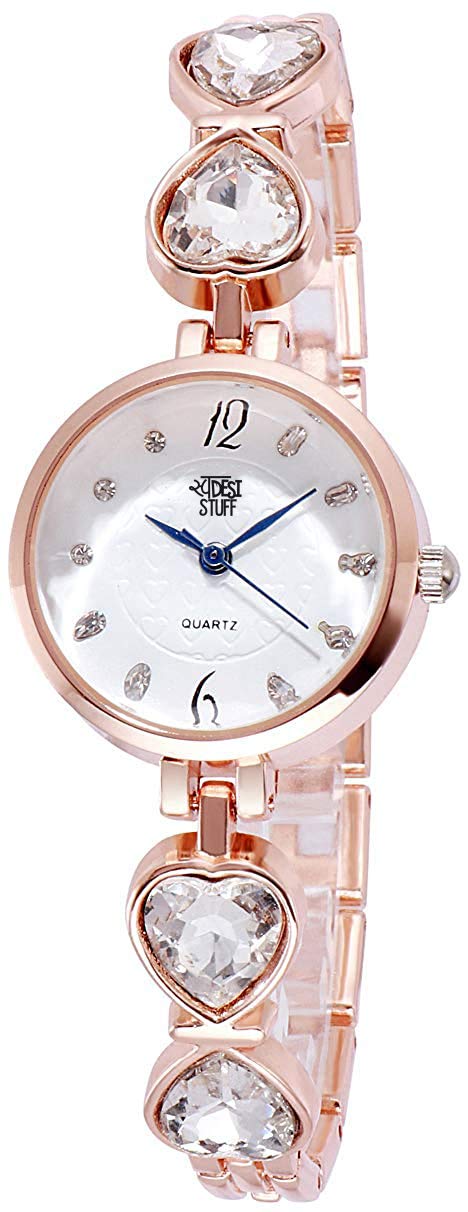 SWADESI STUFF White Dial Heart Link Studded Analog Watch for Girls and Women