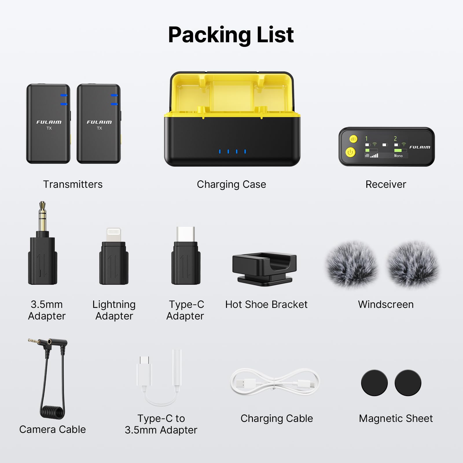 FULAIM X5M Microfono Wireless Lavalier per iPhone iPad Samsung (2TX+1RX+Custodia di Ricarica), Microfono Lavalier per Android DSLR YouTube Vlog TikTok, 18 Ore di Batteria, Trasmissione 200 Metri
