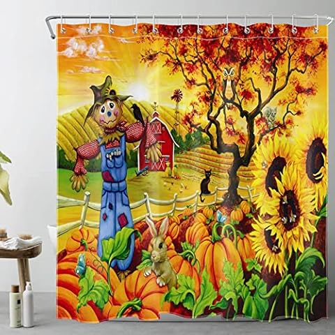 ECOTOB Thanksgiving Farm Shower Curtain Decor, Farm Farmhouse Scarecrow Fall Harvest Pumpkin Sunflowers Shower Curtains 72X72 inch Polyester Fabric Bathroom Decorations Bath Curtains Hooks Included Cover