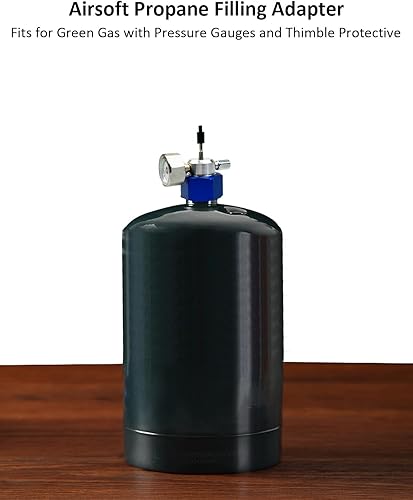 Miniatura 2 de Adaptador de llenado de propano Airsoft para gas verde con medidores de presión y cubierta protectora de dedal con tanque de propano para acampar