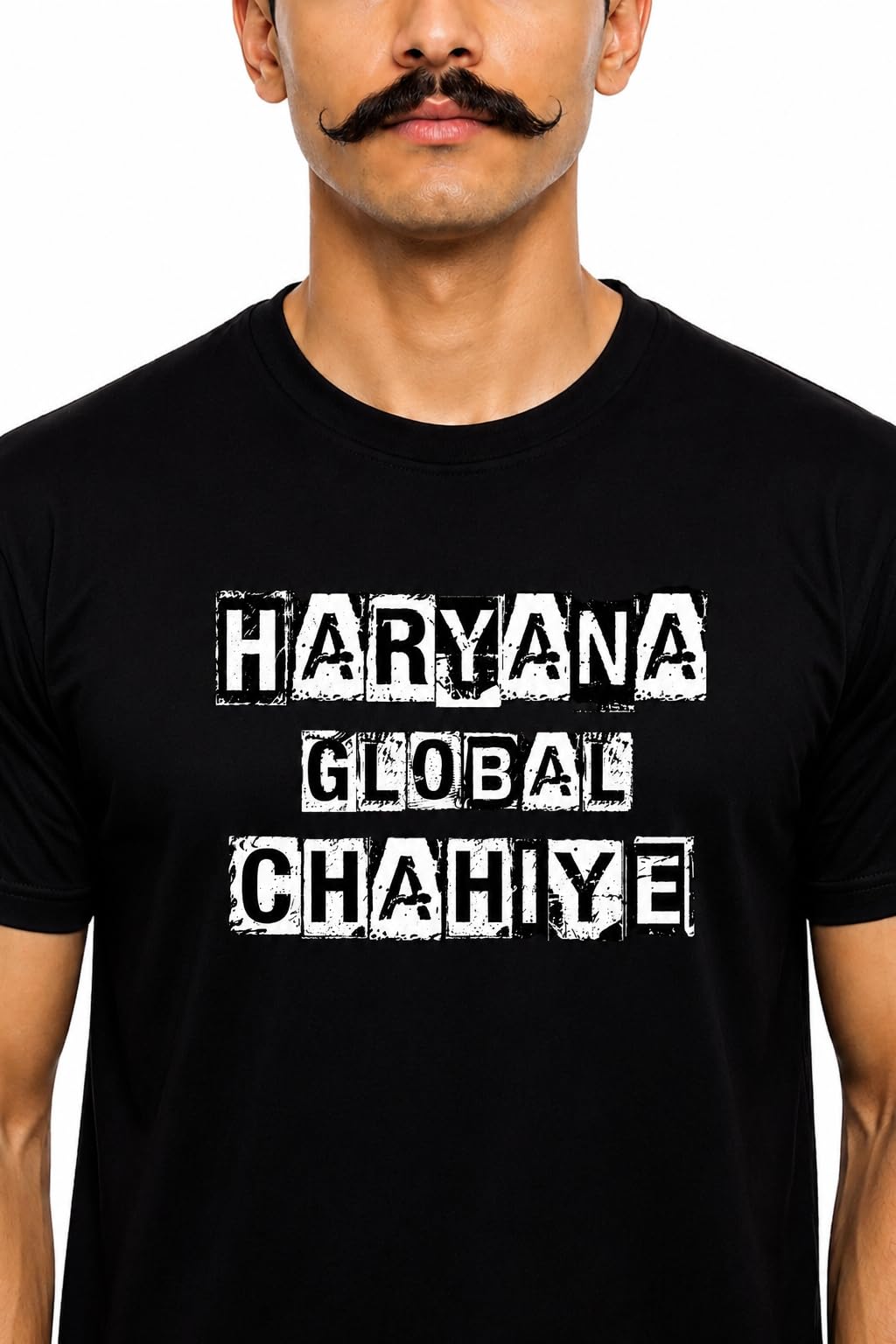 Global Desi Menâ€™s Haryana Global Chahiye T-Shirt | Haryanvi Swag Black Cotton Casual Tee for Boys | Regular Fit Round Neck Graphic T-Shirt in black