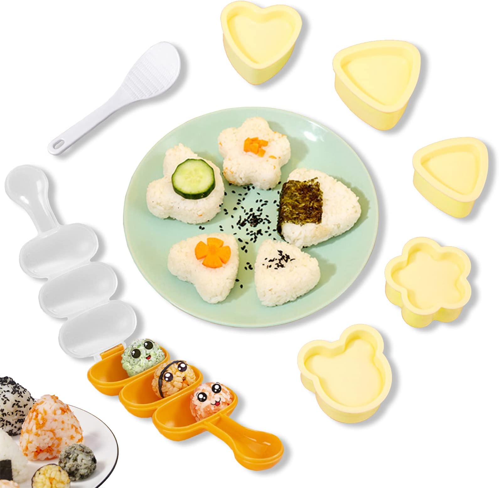 COPSD DIY Rice Ball Mold Sushi Mold 7 Piece Set DIY Sushi Mold Many Shapes of Onigiri Kids Side Dishes DIY Sushi Bento Etc Food Grade PP Material Safe & Easy to Make Onigiri Sushi（Yellow） (UKC00007)