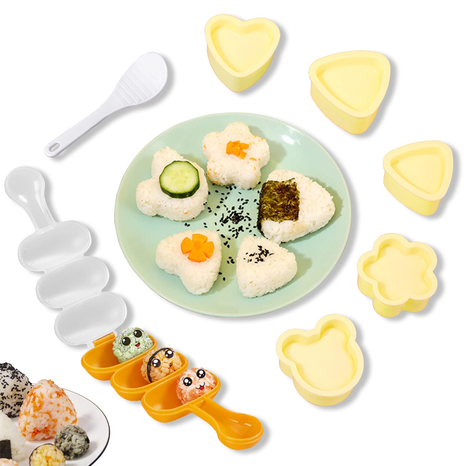 COPSD DIY Rice Ball Mold Sushi Mold 7 Piece Set DIY Sushi Mold Many Shapes of Onigiri Kids Side Dishes DIY Sushi Bento Etc Food Grade PP Material Safe & Easy to Make Onigiri Sushi（Yellow） (UKC00007)