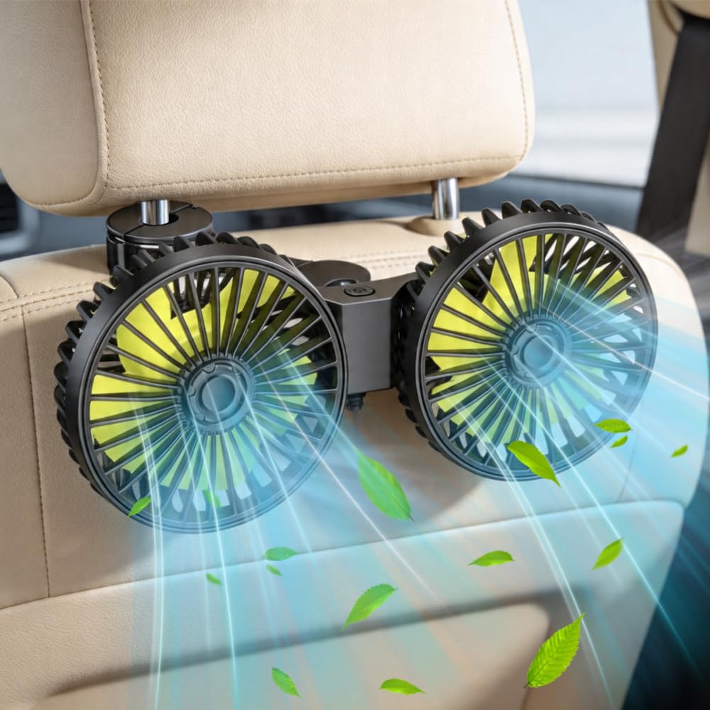 Ventilatore per auto, sedile posteriore, ventilatore a 360°, mini ventilatore a 3 marce, potente ventilatore silenzioso, per casa, ufficio, auto, sedile posteriore