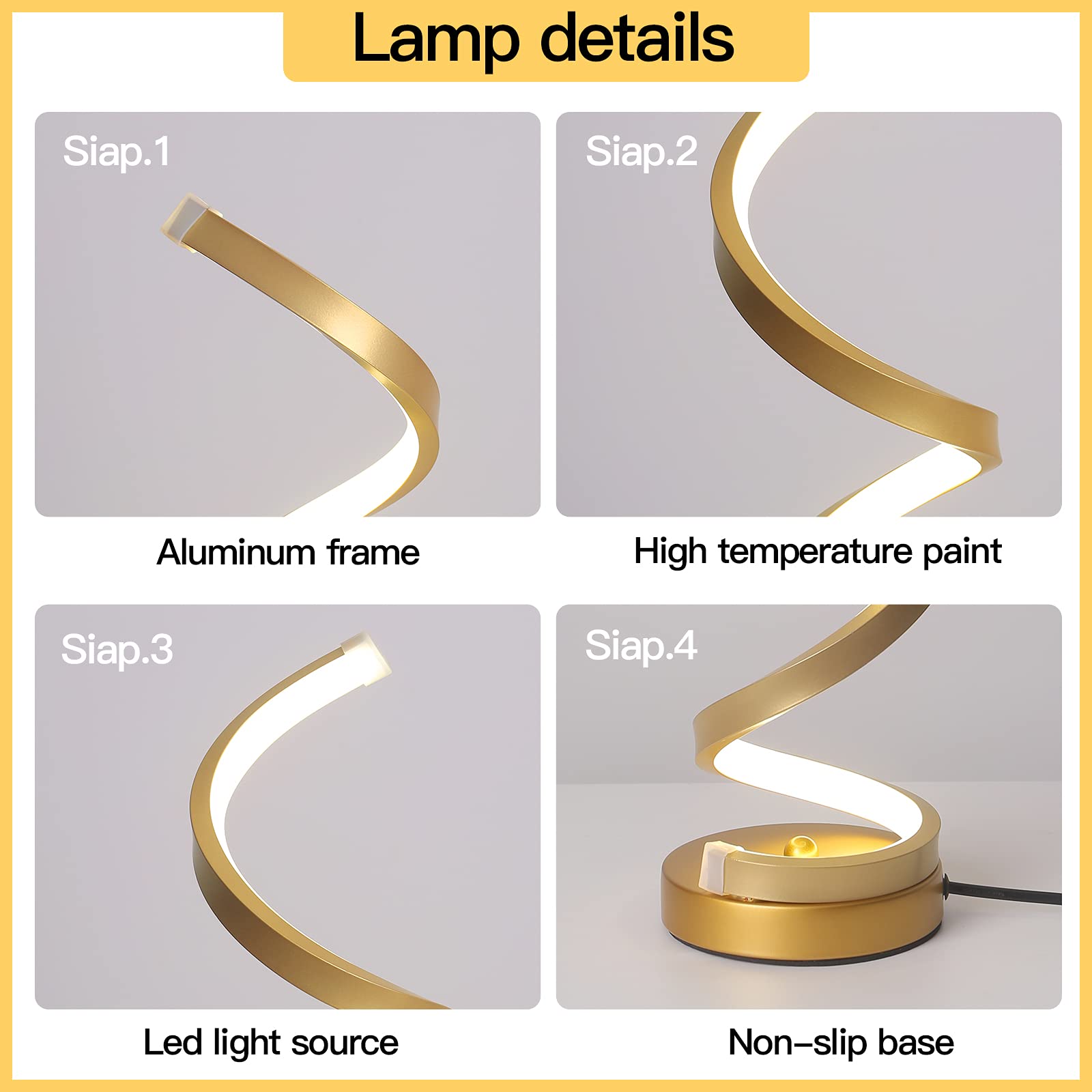 2 Pezzi Lampada da Comodino a Spirale LED Lampade da Tavolo Moderno Oro 16W 4500K Luce Naturale Protezione Degli Occhi Lampada da Scrivania Curvo Per Camera da Letto Soggiorno Spina UE 220V