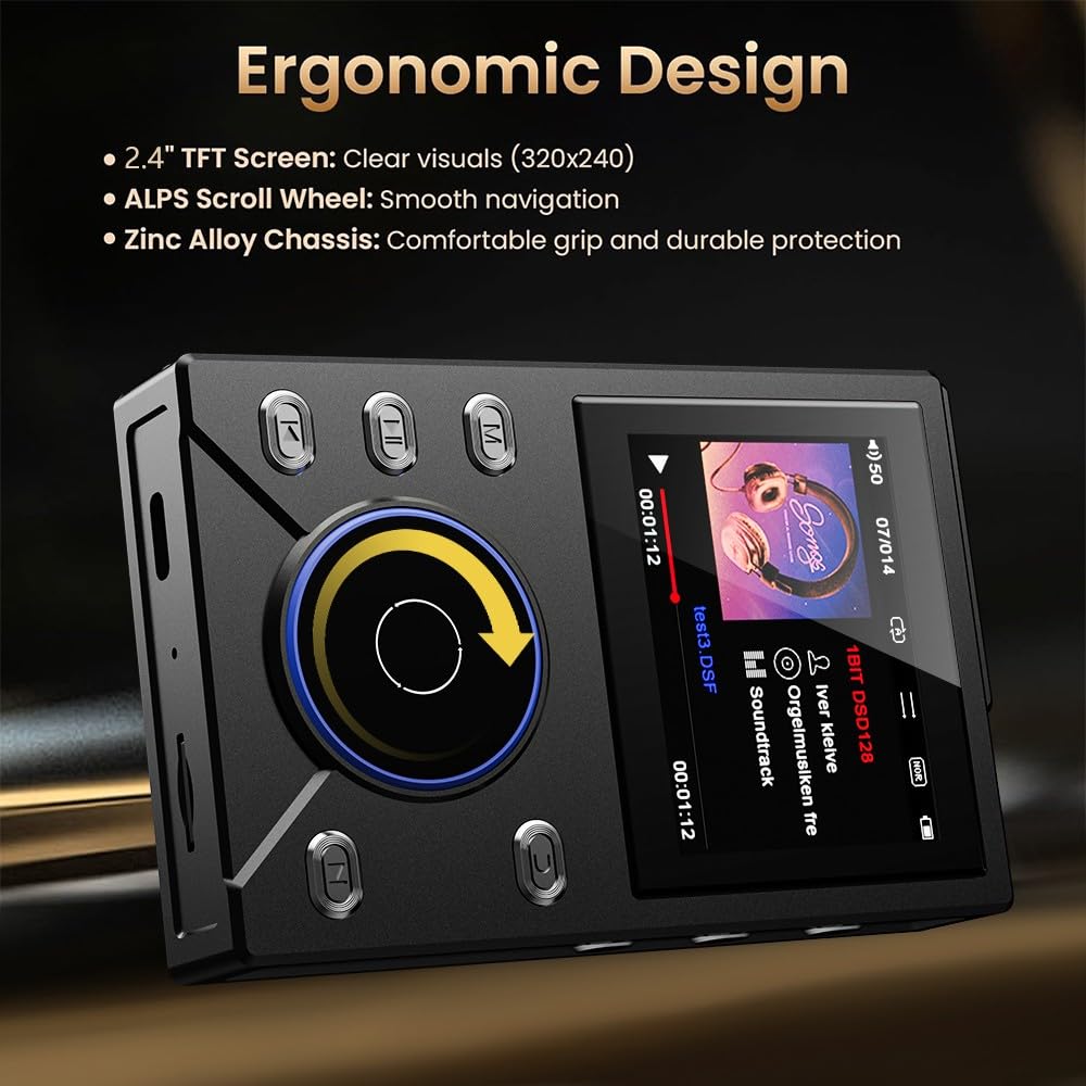 HiFi Lossless per MP3 per lettore musicale con supporto DSD256, riproduzione 50 ore, display LCD da 2,4", batteria 3000 mAh, per audiofili, nero