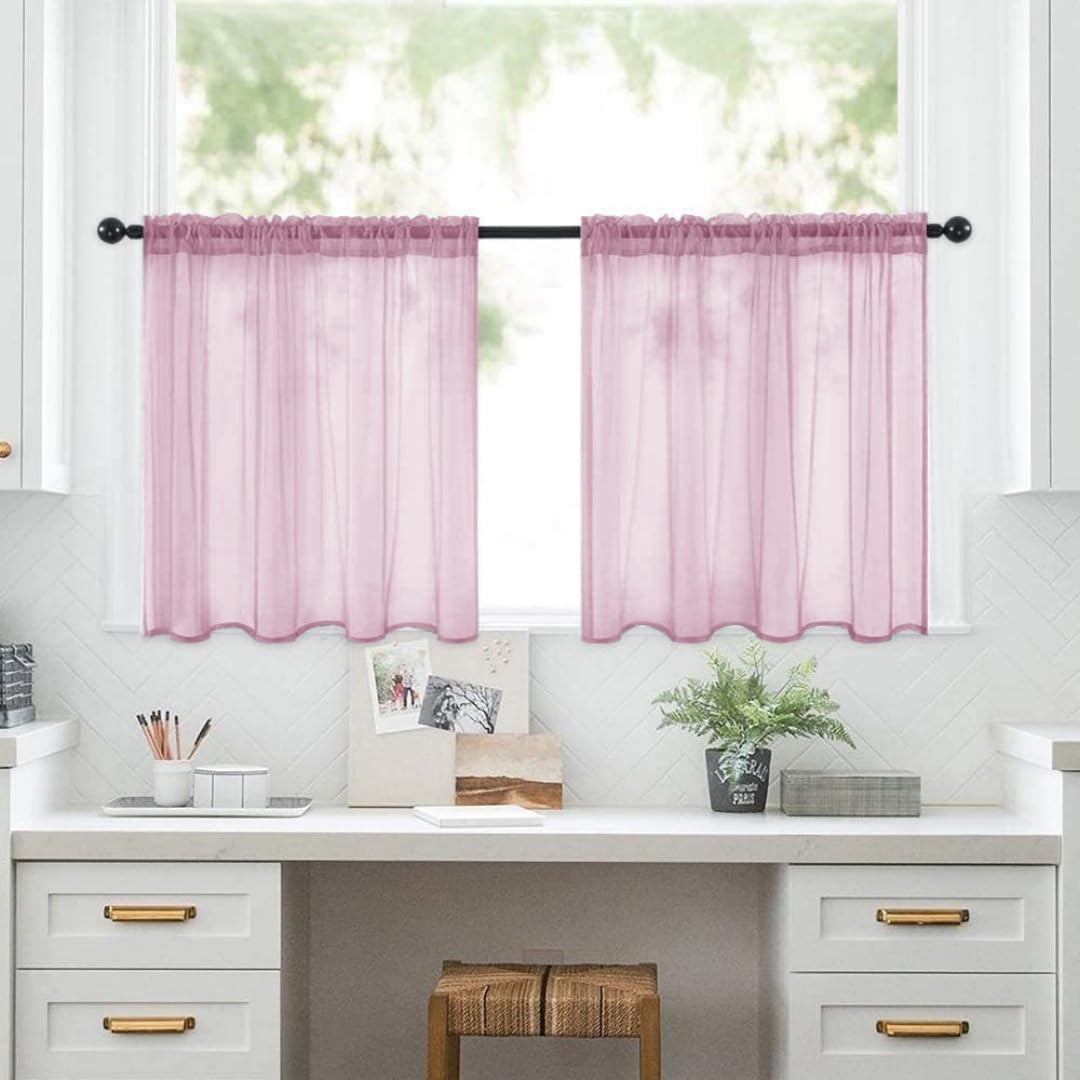 Treer Cortinas Cortas para Ventanas, 2 Piezas Semitransparente Visillos Cortos para Ventanas, Cortinas Cocina Ventana con Bolsillo, para Comedor Café Pequeñas (Rosa Sakura,132x46cm)