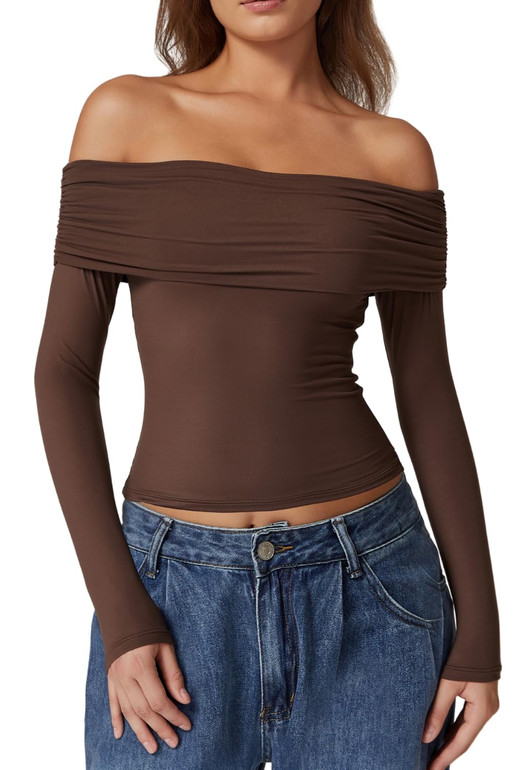 qinsen Womens Off Shoulder Double Lined Long Sleeve Fitted Stretchy Crop Top-picture-38