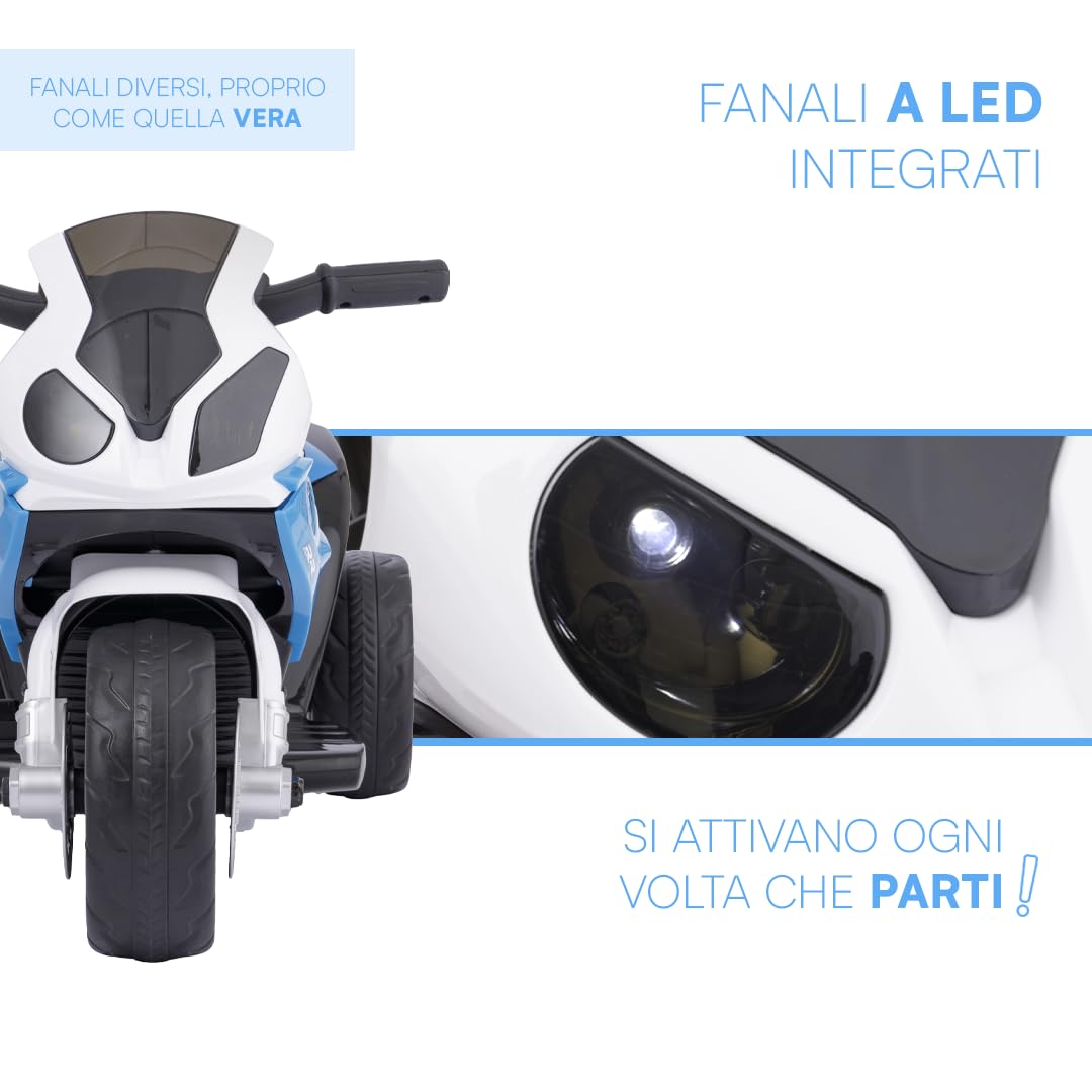 Baroni Toys Moto Giocattolo Elettrica BMW con Licenza per Bambini 1-4 Anni, Design Realistico, Manubrio Sterzante, Pedale di Accelerazione e Fanali e Suoni Funzionanti, 66x37x44 cm, Blu