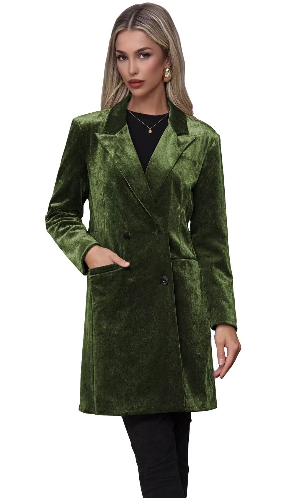 Olive Green Blazer Dress with Pockets Elegant Suit Dress for Women Sexy Velvet Work Office Jacket for Party