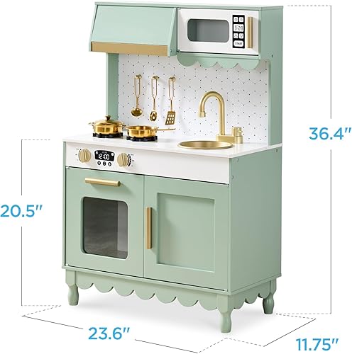 Miniatura 9 de Best Choice Products Juguete de madera para niños con almacenamiento, borde festoneado, 5 accesorios, microondas, horno, pomos de clic, salvia