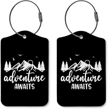 Adventure Awaits Luggage Tags for Suitcases,Travel Gift for Couples,Black 2 Pack Baggage Tag Label with Steel Loop,Handbag School Bag Backpack Traveling Accessories