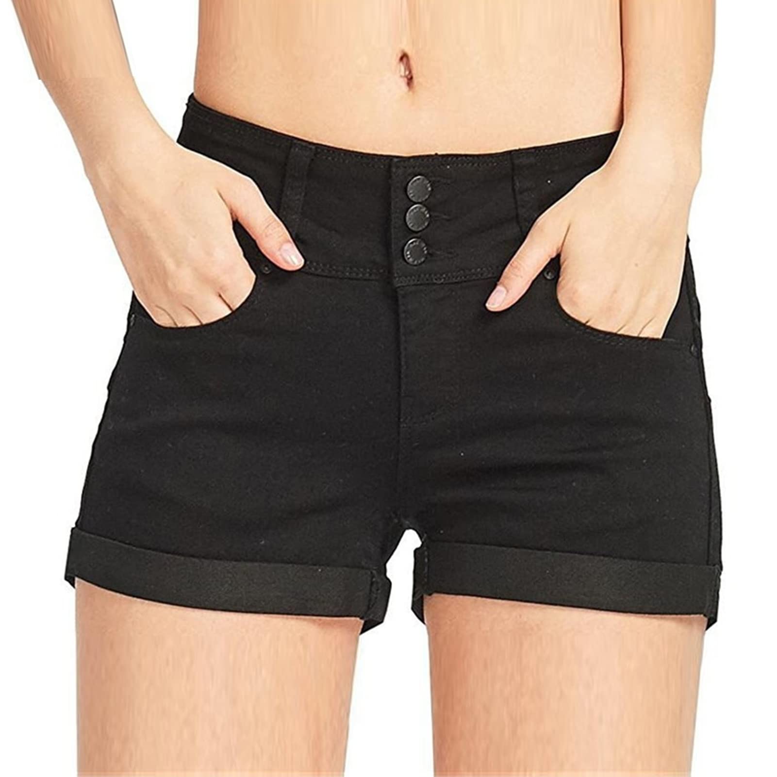 JEKE-DG Women's Solid Color Rolled Hem Denim Shorts Casual Folded Hem Jean Shorts High Waisted Stretchy Jeans Shorts (Medium,Black)