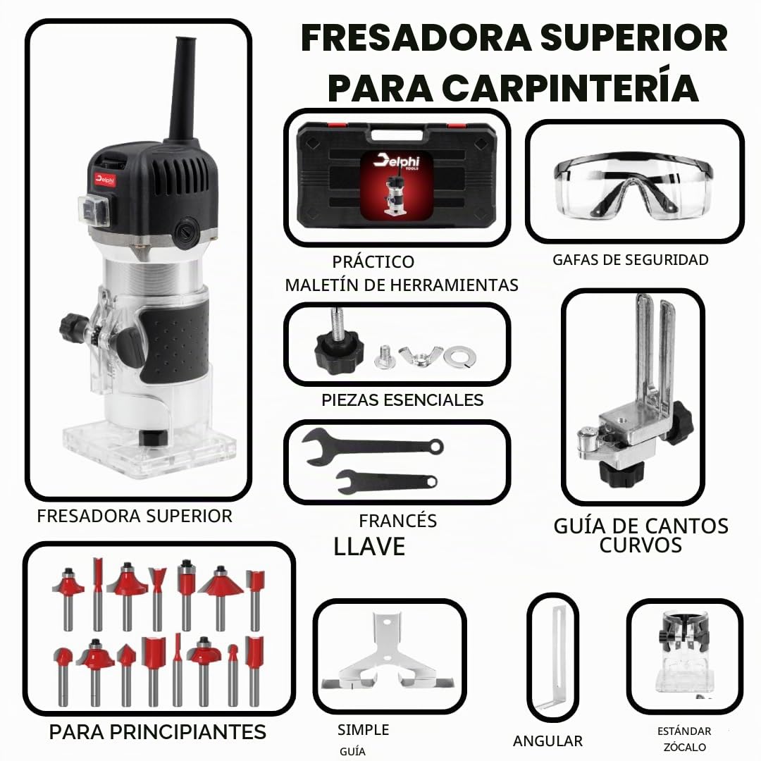 DELPHI Fresadora eléctrica de madera con maletín – 12 juegos de accesorios 800 W 330000 R/min 6,35 mm – Wood Router – Fresadora de bordes de madera para carpintería