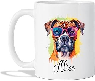 Personalized Pet Dog Pottery Mug, Dog Cup, Boxer Wearing Sunglasses Coffee Mug, Boxer Mug, Customized Pet Memorial Cup Gift With Name, Boxer Wearing Sunglasses Cup Present, White Mug 11oz, 15oz