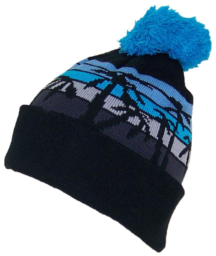E-Flag Striped Cuffed Beanie W/Palm Tree Silhouettes W/Large Pom Pom (One Size) - Blue