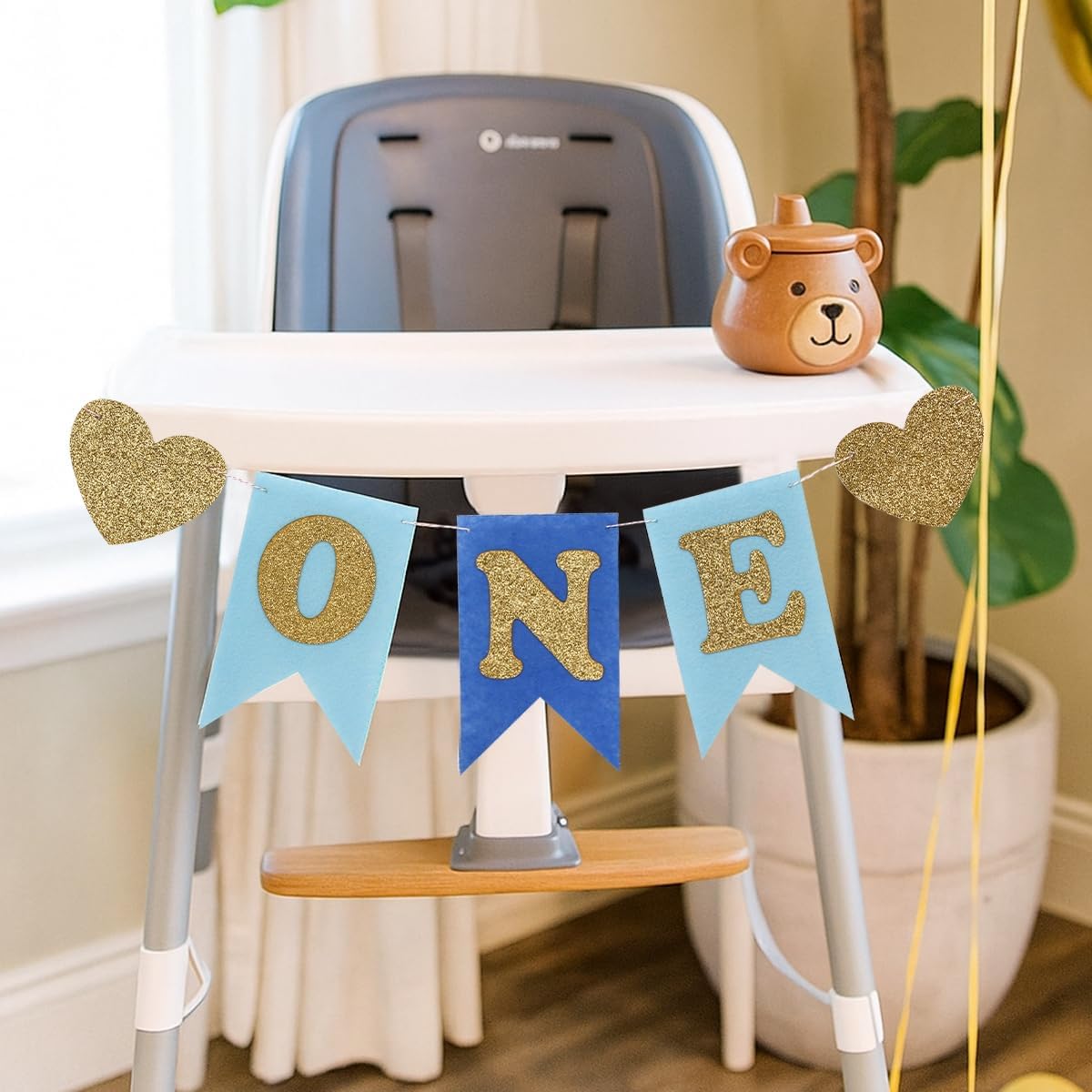DIY One Highchair Banner First Birthday Banner Sign Decoration, Blue 1st Happy Birthday High Chair Banners for Babies Photo Prop Party Decoration Indoor Outdoor
