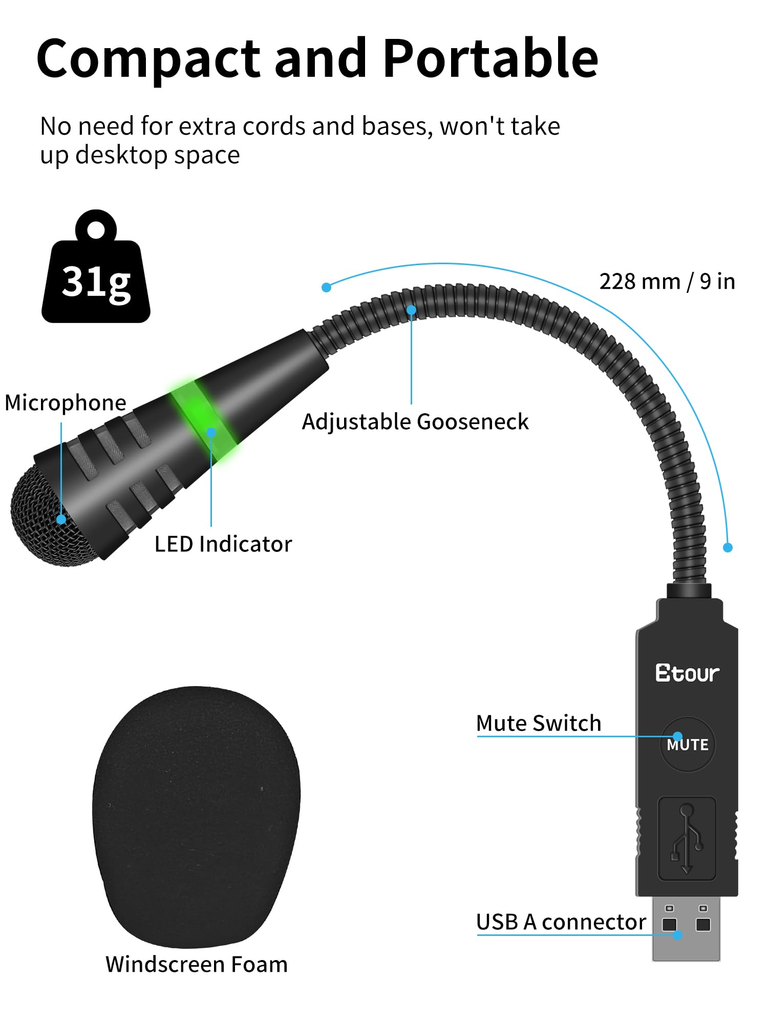 Mini microfono USB a collo di cigno per laptop, piccolo microfono cardioide a condensatore USB, pulsante mute con indicatore LED per PC e Mac, Plug & Play, lavoro a distanza online, riunioni di