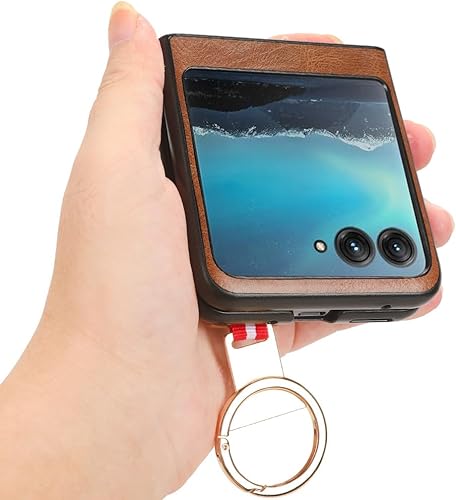 Miniatura 4 de Funda para Motorola Razr+ (2023), Motorola Razr 40 Ultra, cubierta trasera de cuero flexible ultra delgada con soporte para muñeca de metal para