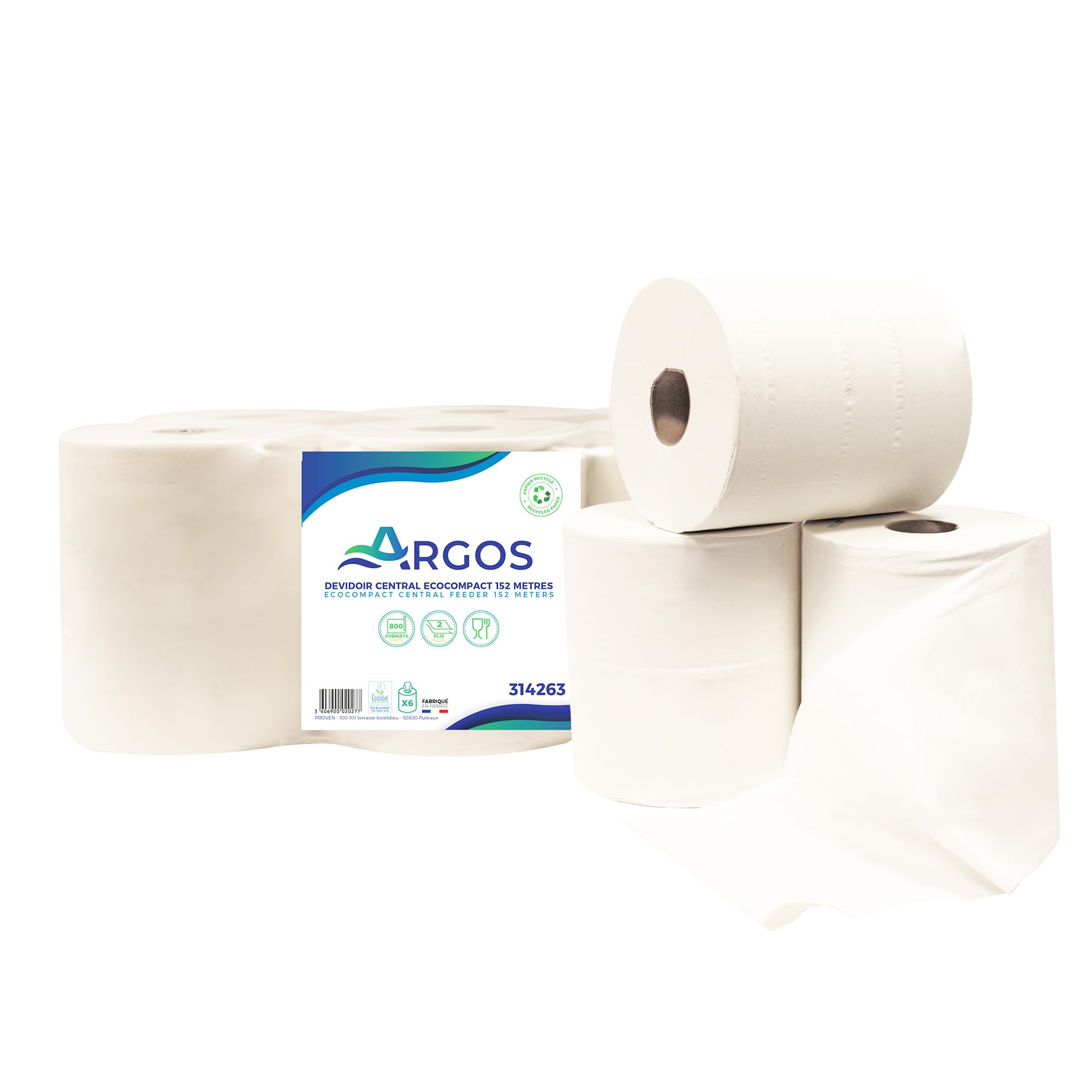 ARGOS - Wipe Coil - Recycled Cellulose - Compact - Pre-Cut Format - Ecolabel - 152M - French Fabrcation - 6 Rolls