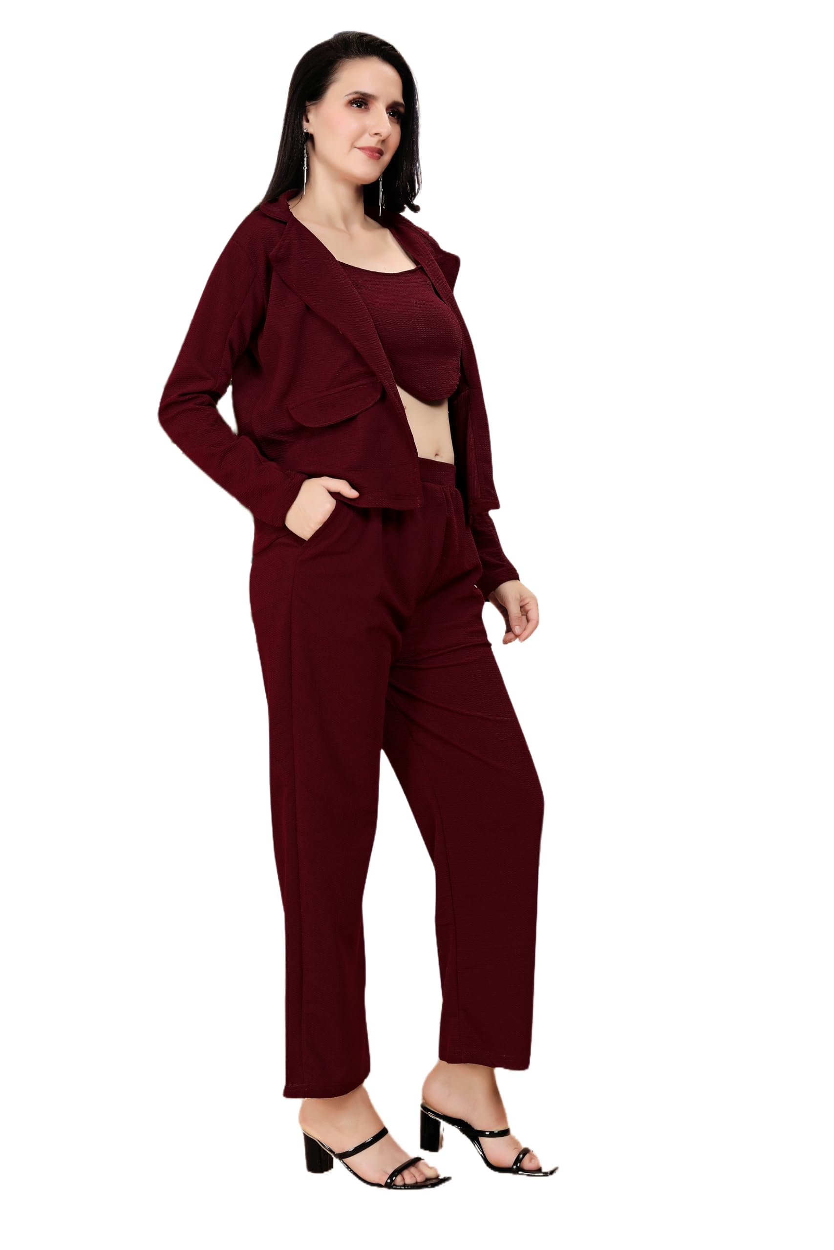 Women's Lycra Solid Three Piece Outfits Blazer Co-Ord Set Women Outdoor Wear Maxi Dress Crop top Party Dress Stylish Latest Dresses