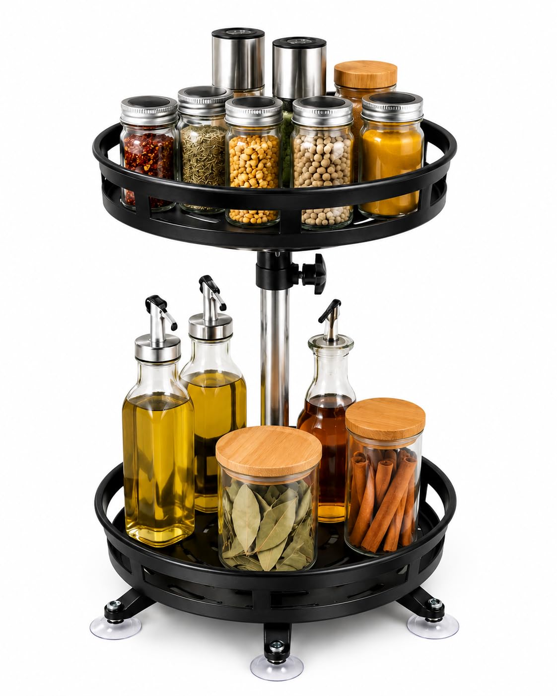 2 Tier Rotating Kitchen Organizer Rack 360° Lazy Susan Storage Trolley for Kitchen Countertop, Spice Rack, Pantry Cabinet Organizer, Bathroom Cosmetic Stand, Vacuum Anti Slip Base, Black-image-26