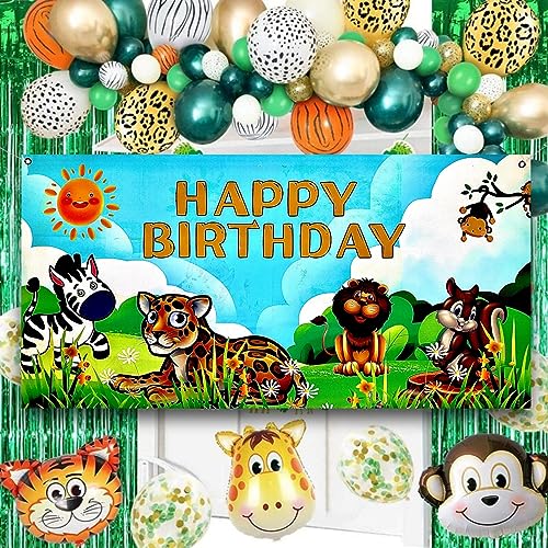 Image of Wanna Party Large Safari Jungle Animals Happy Birthday Banner, Jungle Party Sign /Photo Backdrop, Jungle Animals Theme Party Decorations Supplies for Safari /Jungle Themed Birthday Party-4' x2'