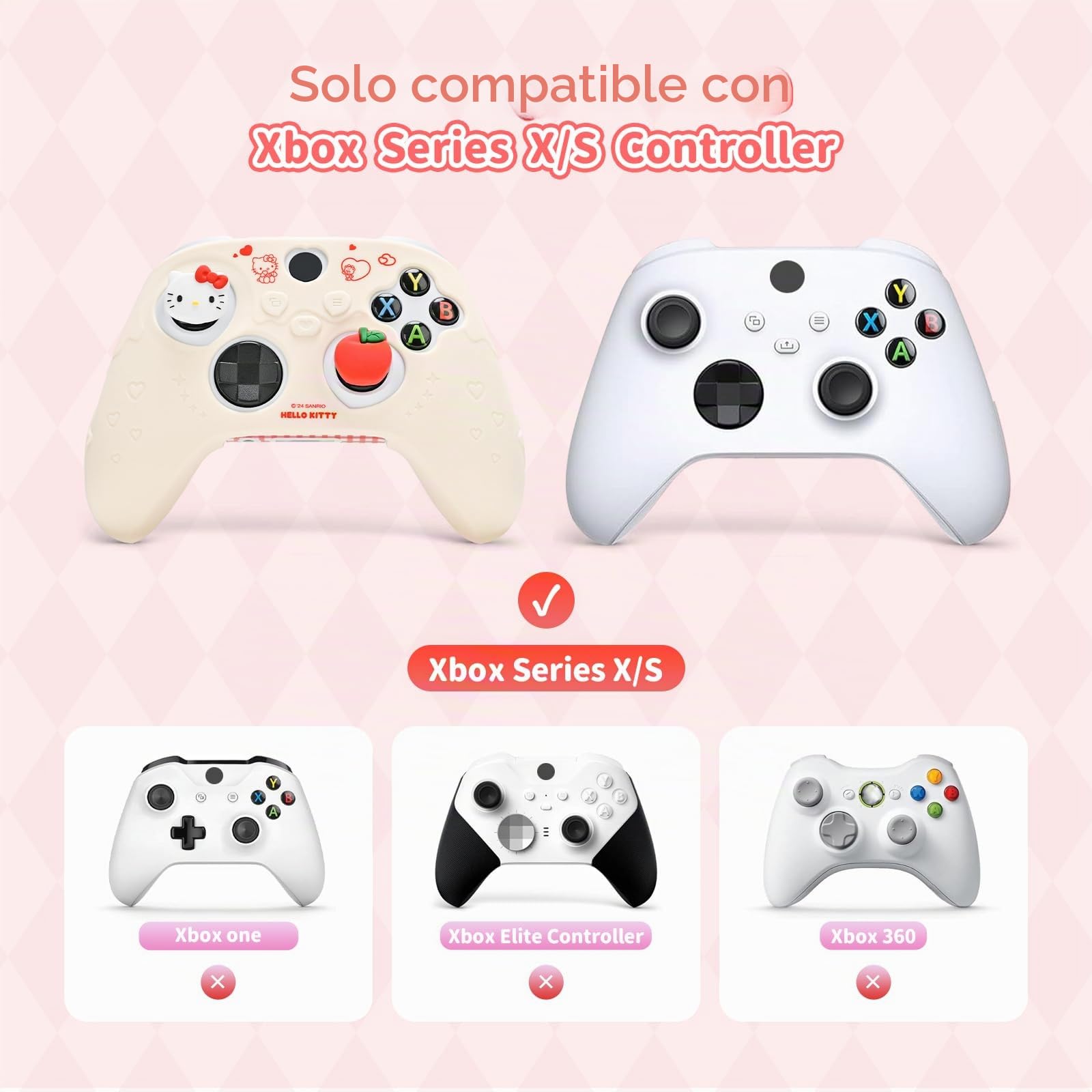 Kuitmor Funda protectora antideslizante de silicona suave compatible con mando de Xbox con 2 tapas de agarre para el pulgar y 1 adhesivo (beige Hello Kitty)