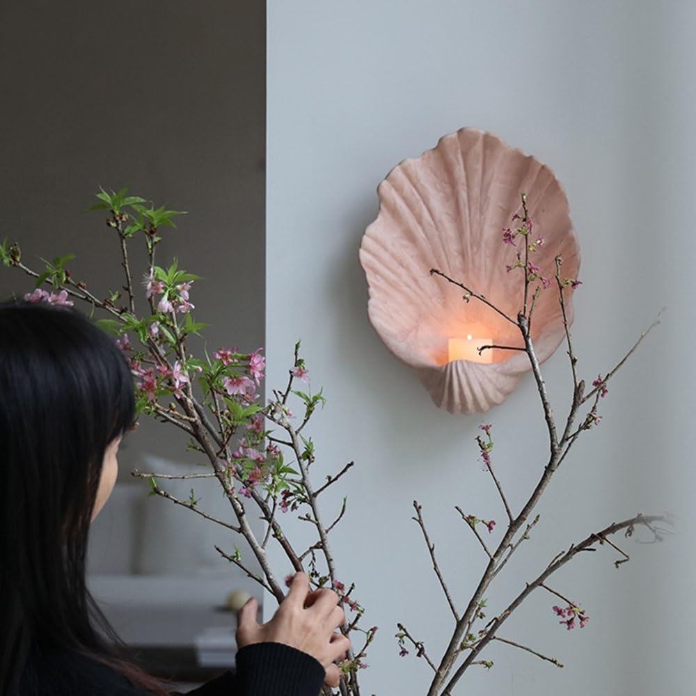 Stary świecznik Ceramiczny świecznik ścienny w kształcie muszli do salonu, wąskich ścian i przedpokoju Świeczniki(Pink,Duży)