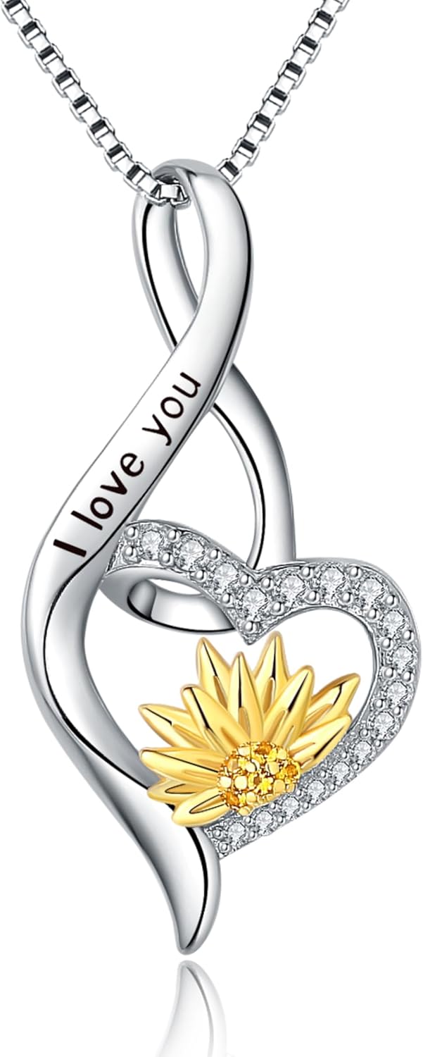 Sunflower Necklace S925 Sterling Silver Love Heart Pendent Necklaces Jewelry Mothers Day Birthday Christmas Gifts for Women Mom Daughter Sister