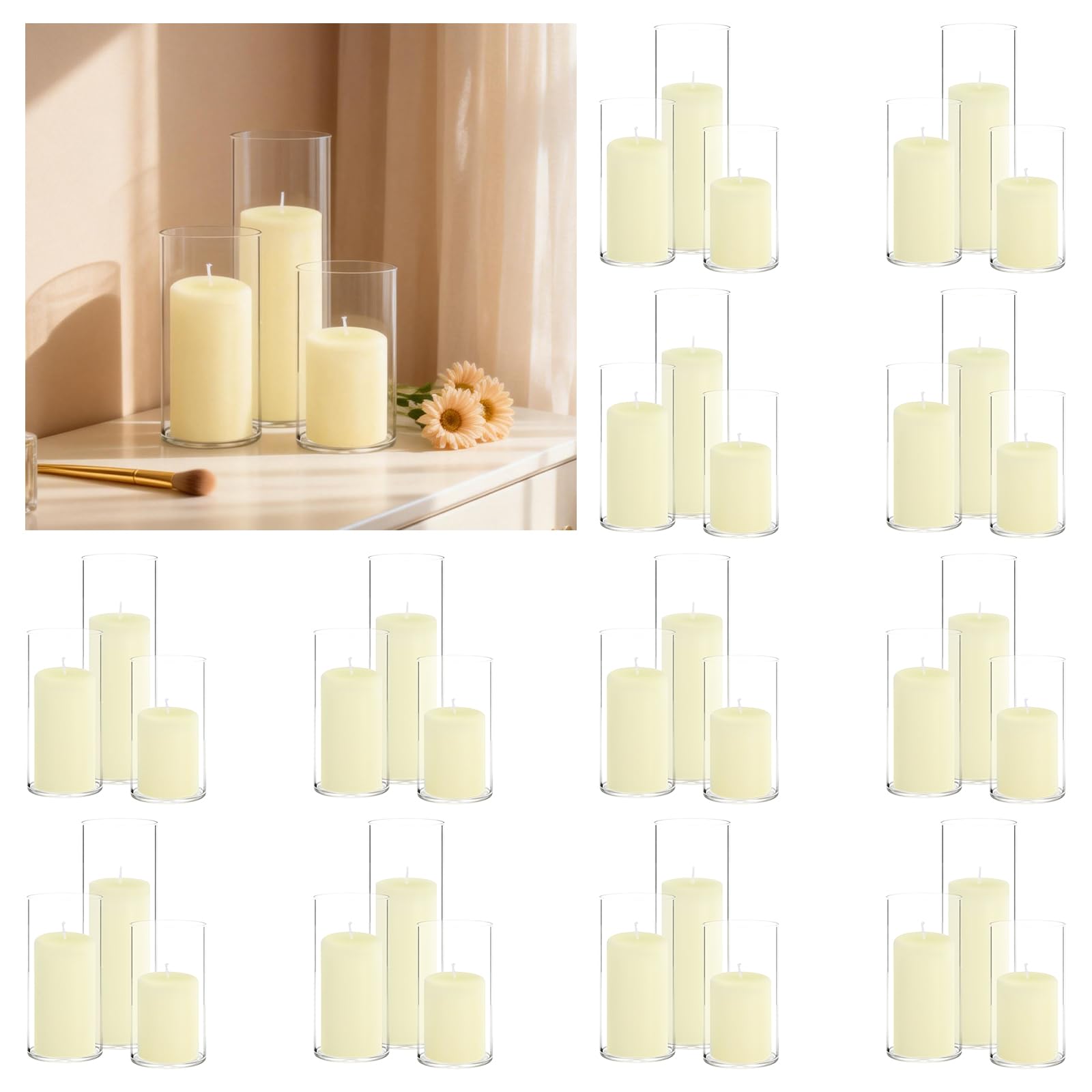 Trxvxo 72 PCS Ivory Pillar Candles (2''X3,4,6) and Glass Cylinder Vases(2.6''X5,6,8),Hurricane Candles,Perfectly Sized for use as a Centerpiece Candle