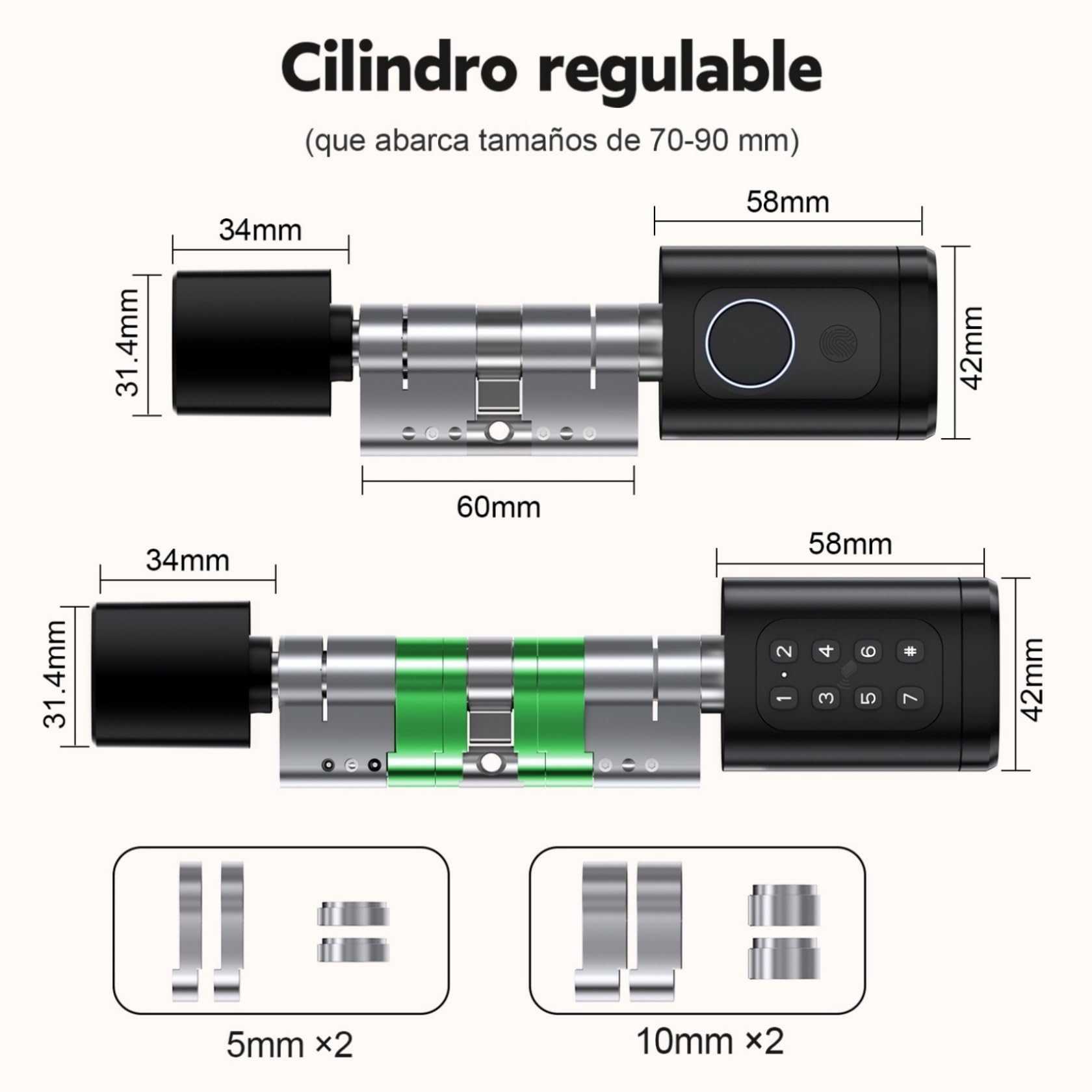 Cerradura Inteligente, Cilindro de Cerradura Ajustable 60-90mm (30/30, 45/45), Cerradura Electrónica para la Puerta de Entrada con RFID, App, Bluetooth, Teclado, WIFI, Smart Lock con Código Pin