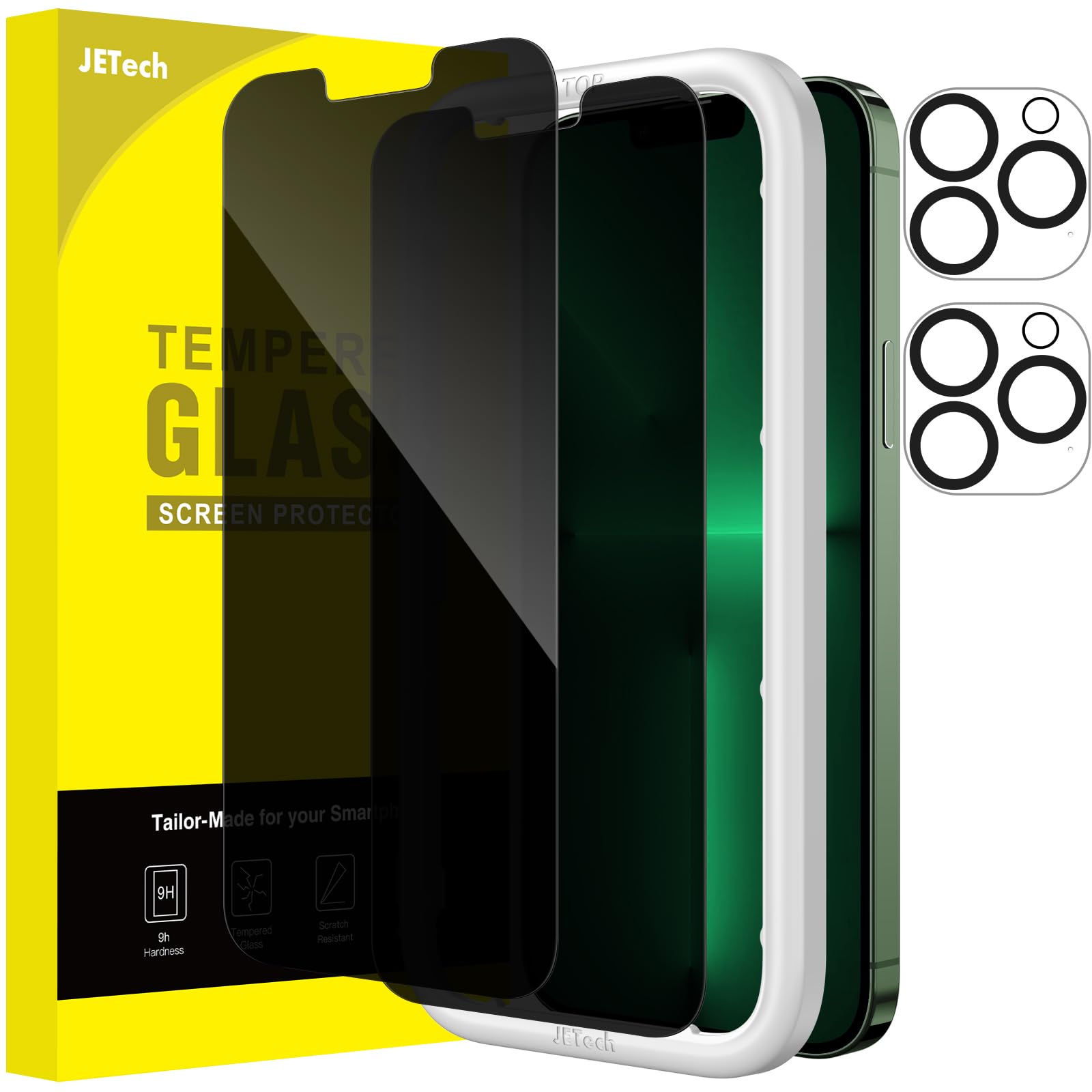 JETech Protezione Schermo Anti-Spy per iPhone 13 Pro 6,1 Pollici con Protezione Lente Fotocamera Posteriore, Pellicola Vetro Temperato Privacy, Strumento di Installazione, 2 Pezzi