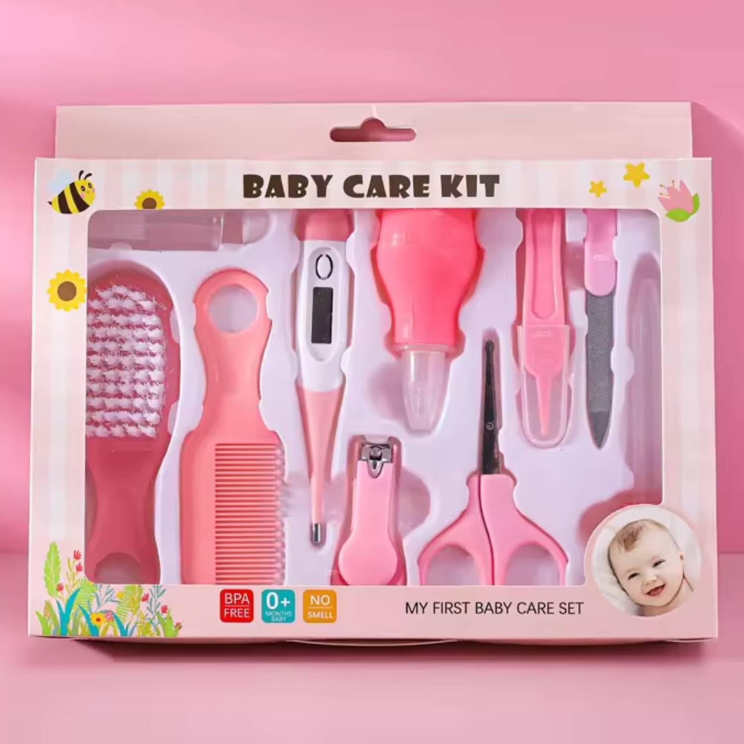 HURRYSHOPPY 10 Piece Baby Care Grooming & Healthcare Kit for New Born With Nail Clippers, Thermometer, Hair Brush, Scissors, Nasal Aspirator Safe & Portable Baby Essentials for Infant & Toddler Gift (Pink)-image-30