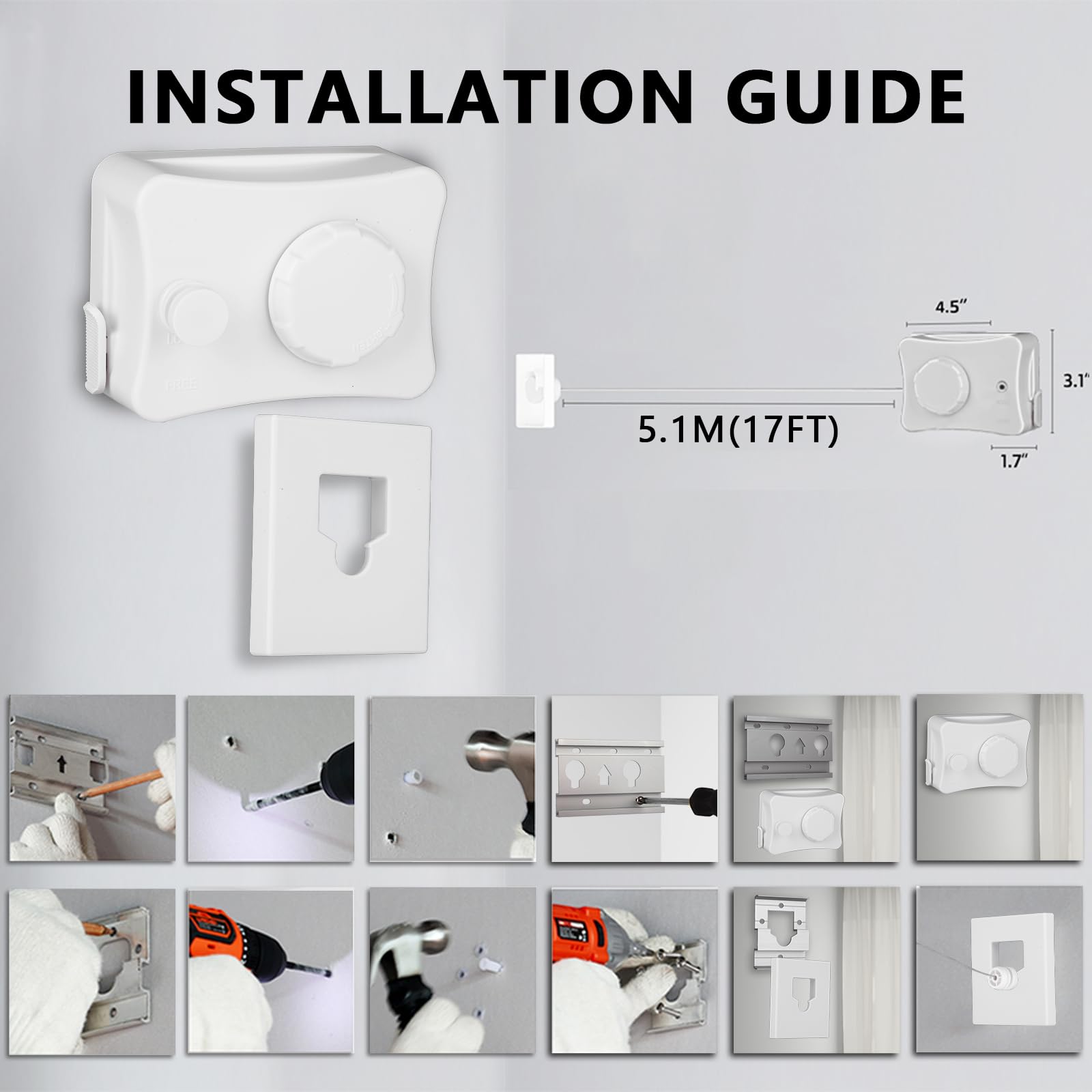 Corde à linge rétractable pour intérieur et extérieur - 5,1 m - Économie d'espace - Ne s'affaisse pas - Blanche - Pour petite buanderie, salle de bain, douche de camping-car