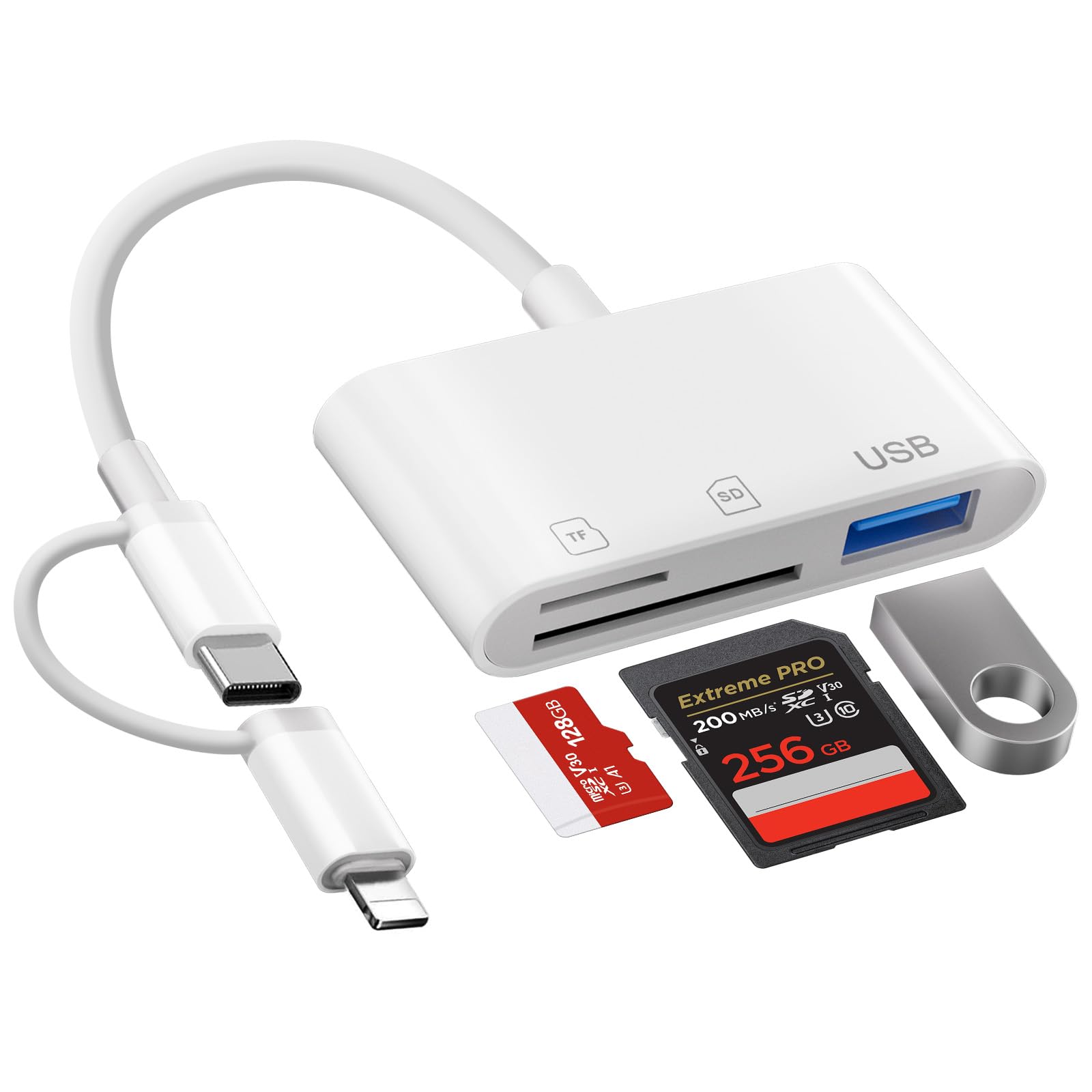 Dual Lightning & USB-C Kartenleser, 3-in-2 SD/TF Kartenadapter iPhone mit USB OTG Port, Speicherkartenleser Kamera Kartenbetrachter für iPhone 16/15/14/13/12/11/8/7/X/XS, iPad, Samsung, Android, etc