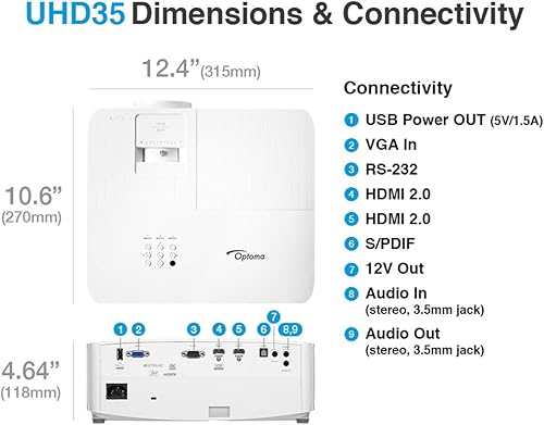 Miniatura 7 de Optoma Proyector de juegos UHD35 True 4K UHD  3600 lúmenes  Tiempo de respuesta de 42 ms a 1080p con modo de juego mejorado  Frecuencia de