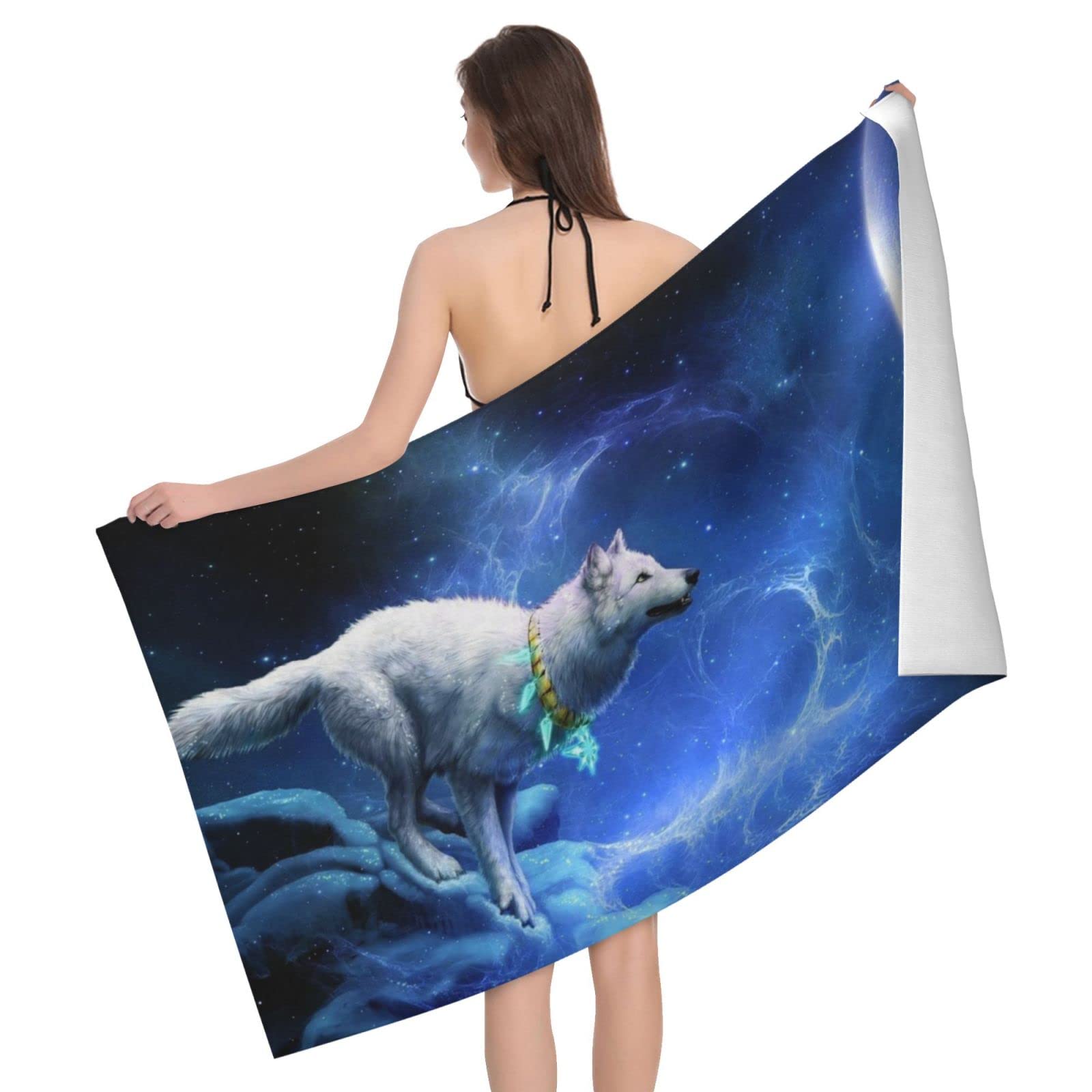 Lawenp Moon and Wolf Beach Towel, Lightweight Sand Free Quick Dry Microfiber Absorbent Bath Towel for Kids, Adults, Swimming, Bath, Yoga, Pool, Travel, Camping 32"X52"
