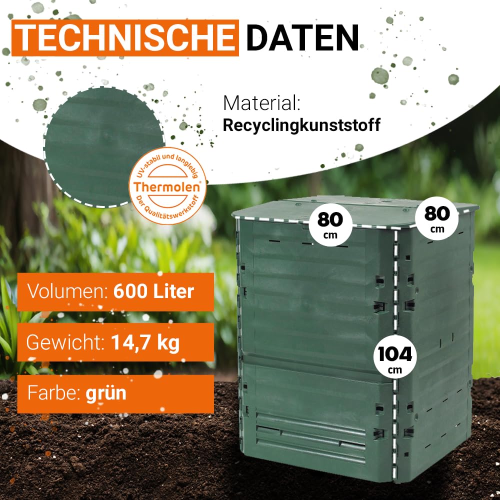 GARANTIA Thermo-King Komposter 600 Liter grün - für Gartenabfall mit isolierten Wänden - leichte Montage ohne Werkzeug - Deckelarretierung und Luftzirkulation aus Recyclingkunststoff für draußen