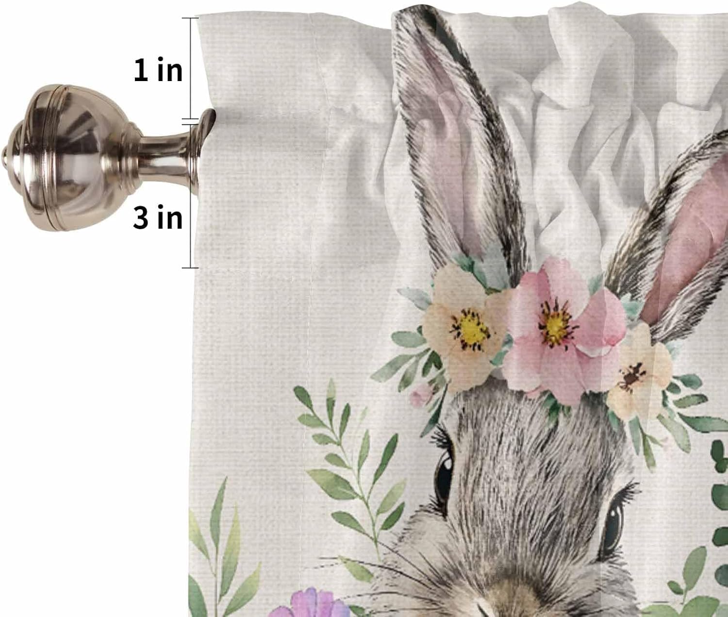 Happy Easter Valances for Windows/Bedroom/Living Room/Kitchen/Cafe, Flower Wreath Rabbit Flowers Eggs Easter Semi Sheer Small Curtain Valance Rod Pocket Light Filtering Window Treatment, 60" x 18"