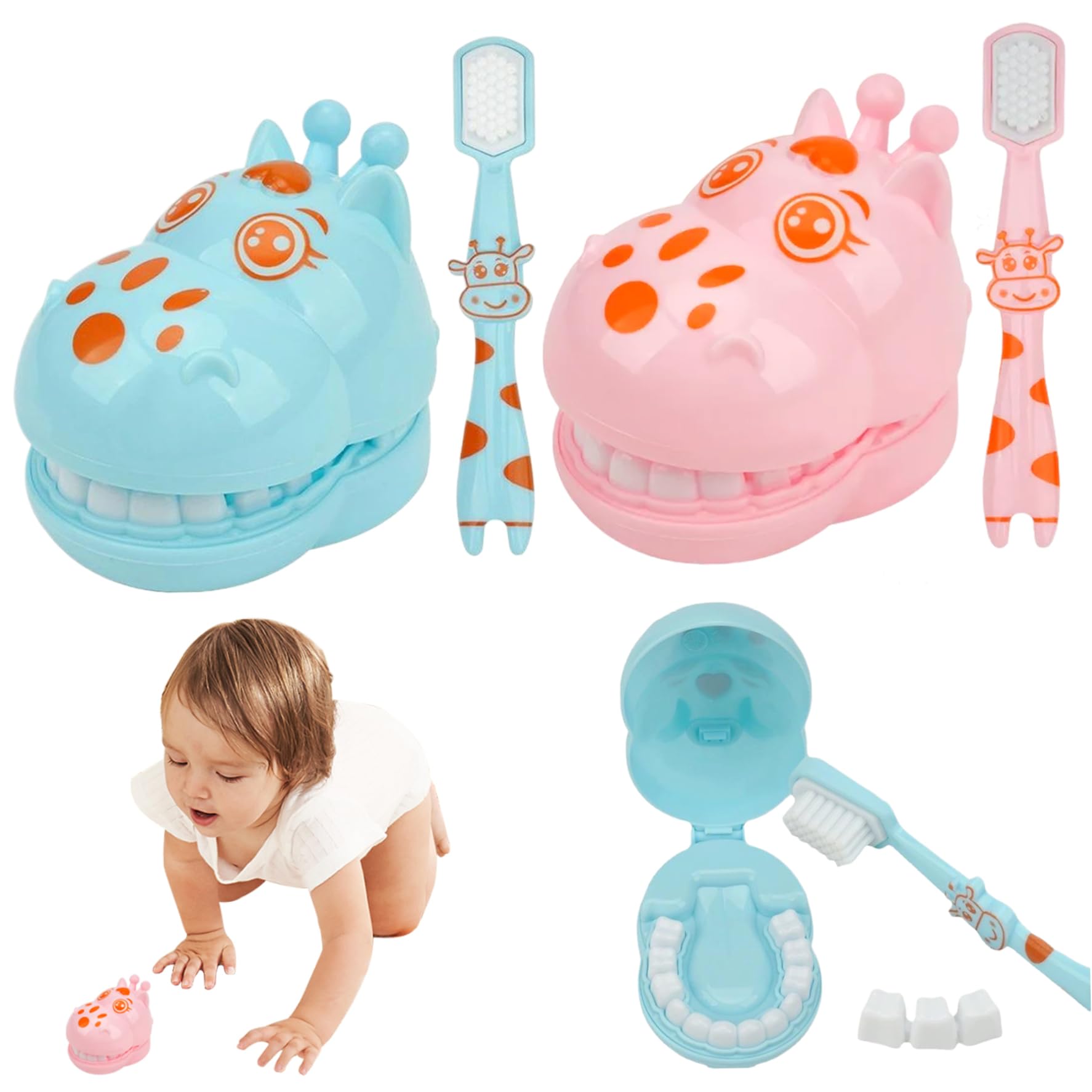 2Pcs Teeth Model for Teaching Kids, Cartoon Giraffe Demonstration Teeth Model with Toothbrush, Hygienic Habit Cultivation Kids Dentist Play Set for Children